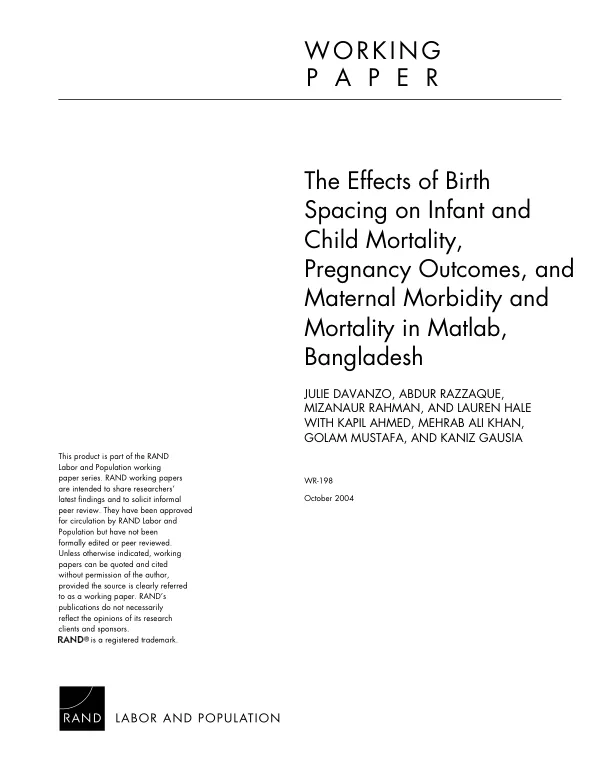 The effects of birth spacing on infant and child mortality, pregnancy outcomes, and maternal morbidity and mortality in Matlab, Bangladesh