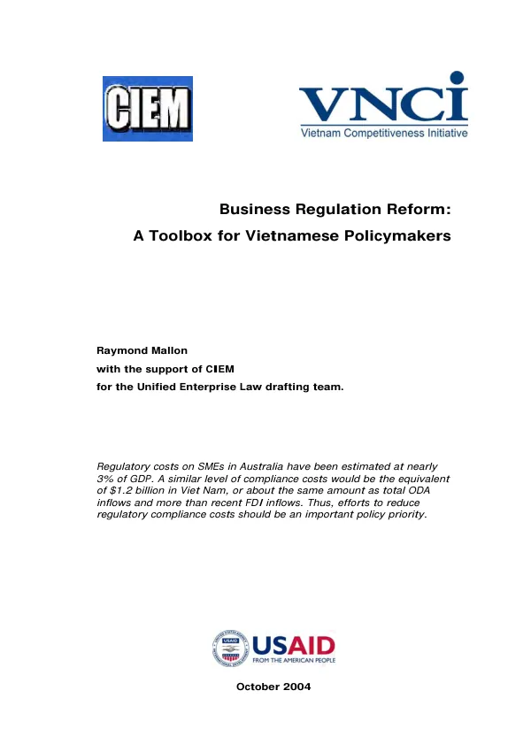 Business regulation reform : a toolbox for Vietnamese policymakers
