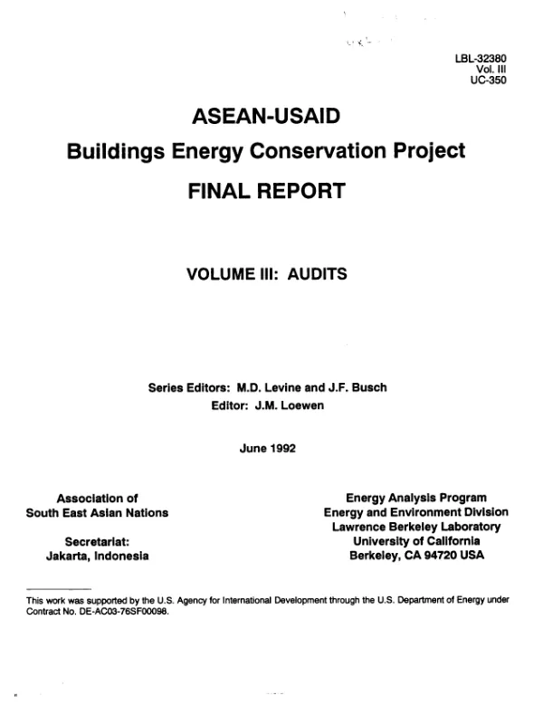 ASEAN-USAID buildings energy conservation project final report. Volume III. Audits
