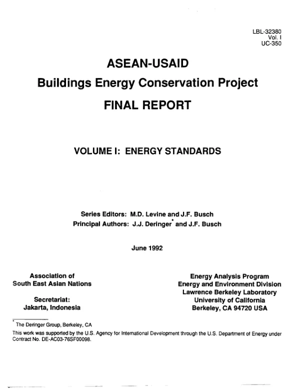 ASEAN-USAID buildings energy conservation project final report. Volume I. Energy standards
