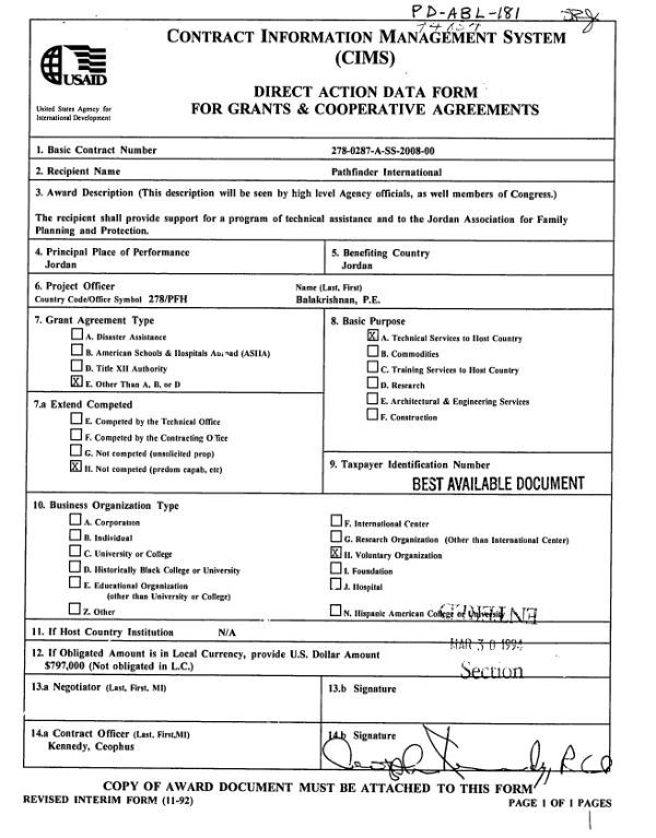 AID cooperative agreement no. 278-0287-A-SS-2008-00 to Pathfinder International in support of its program of technical assistance to the Jordan Association for Family Planning and Protection (JAFPP)