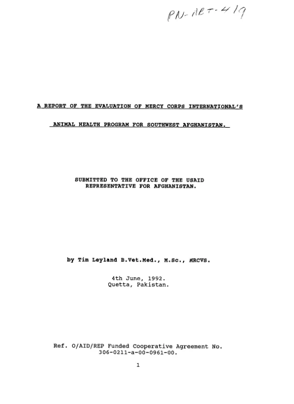Report of the evaluation of Mercy Corps International"s animal health program for Southwest Afghanistan