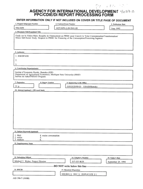 Requete de financement au PRMC pour couvrir le volet consommation/transformation
