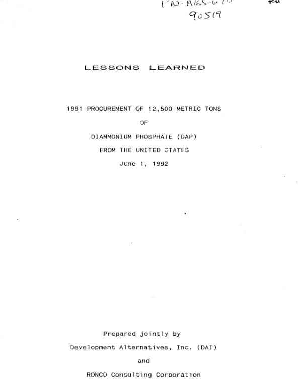 Lessons learned : 1991 procurement of 12,500 metric tons of diammonium phosphate (DAP) from the United States