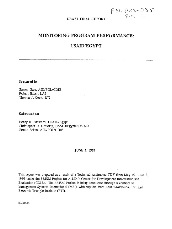 Monitoring program performance : USAID/Egypt