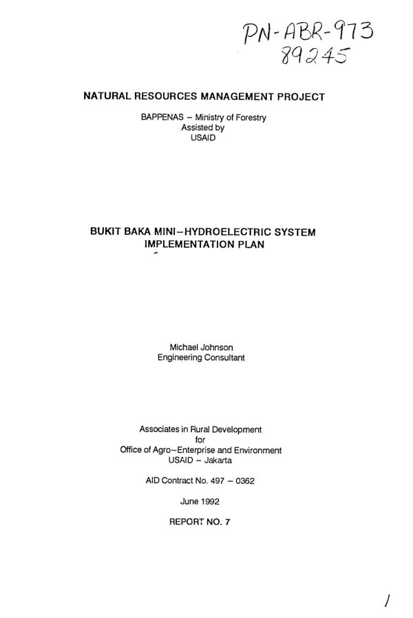 Bukit Baka mini-hydroelectric system implementation plan