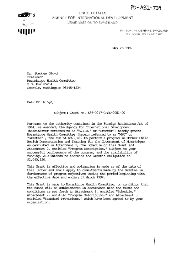 AID grant no. 656-0217-G-SS-2051-00 to Mozambique"s Manica Province Health Committee in support of mother-child health demonstration and training program in Mozambique"s Manica Province
