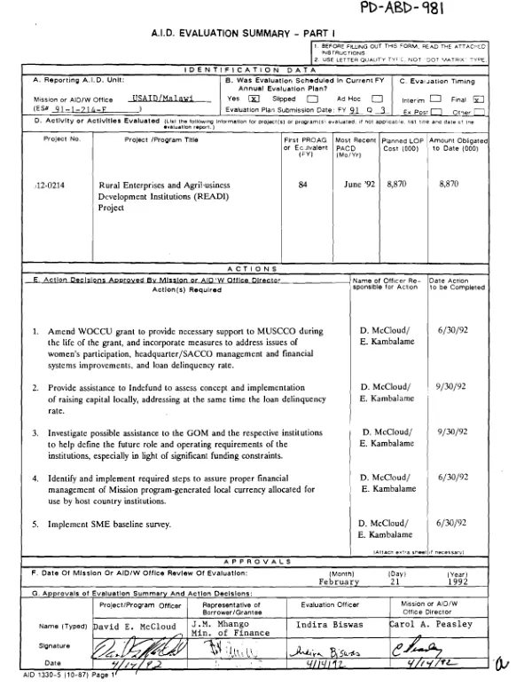 Final evaluation : Malawi rural enterprise and agribusiness development institutions project