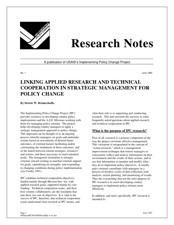 Linking applied research and technical cooperation in strategic management for policy change