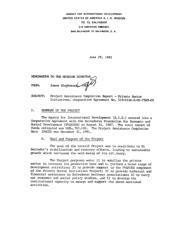 Project assistance completion report : private sector initiatives, cooperative agreement no. 519-0336-A-00-7589-00