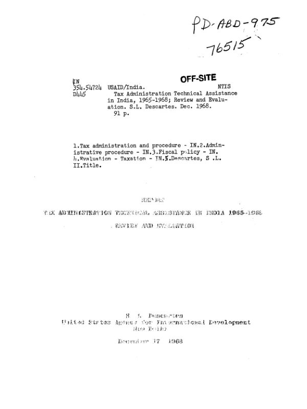 Report : tax administration technical assistance in India 1965-1968 -- review and evaluation