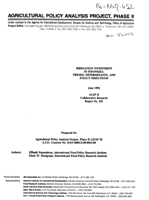 Irrigation investment in Indonesia : trends, determinants, and policy directions