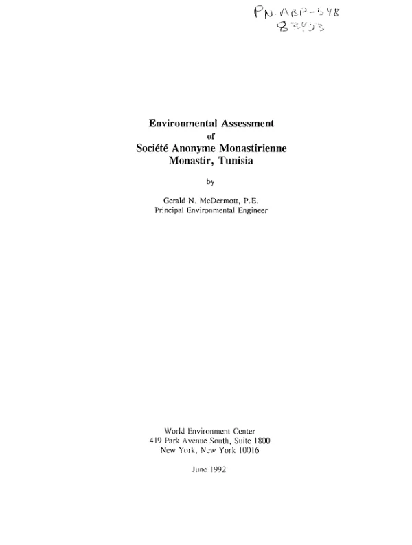 Environmental assessment of Societe Anonyme Monastirienne, Monastir, Tunisia