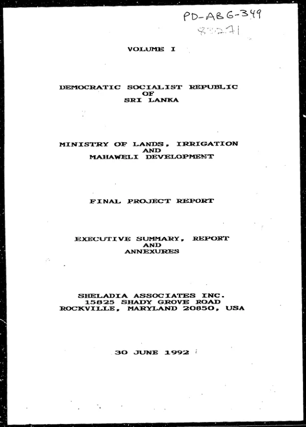 Volume I, [irrigation systems management] : final project report -- executive summary, report and annexures