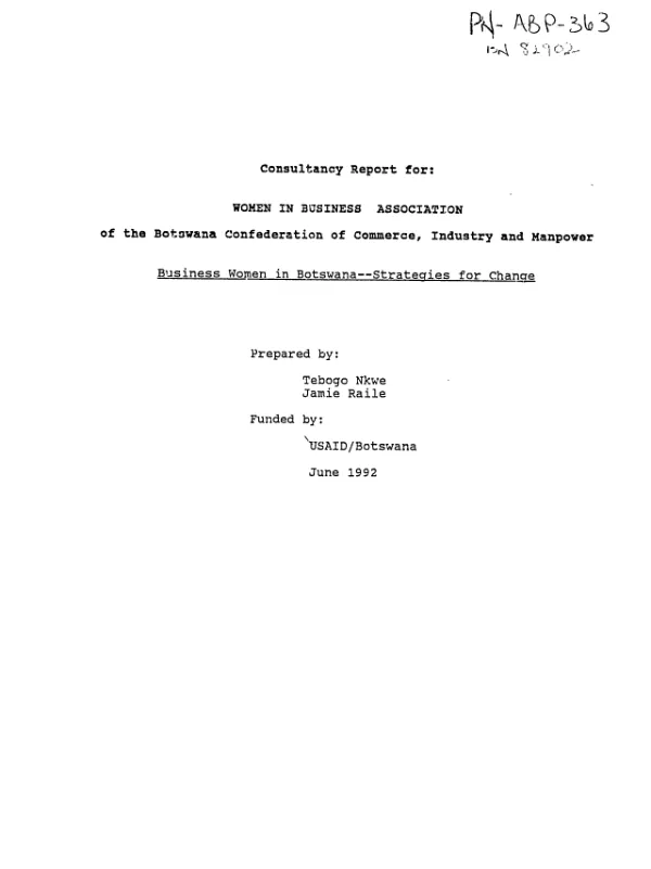 Consultancy report for Women in Business Association of the Botswana Confederation of Commerce, Industry and Manpower : business women in Botswana -- strategies for change