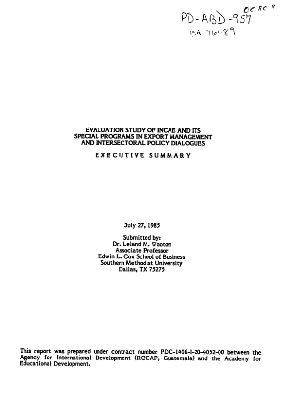 Evaluation study of INCAE and its special programs in export management and intersectoral policy dialogues : executive summary