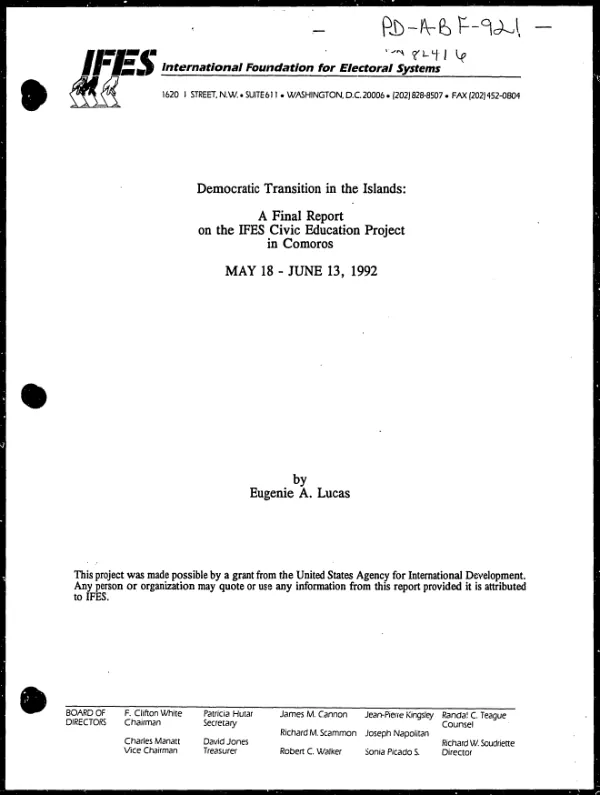 Democratic transition in the Islands : a final report on the IFES civic education project in Comoros -- May 18-June 13, 1992