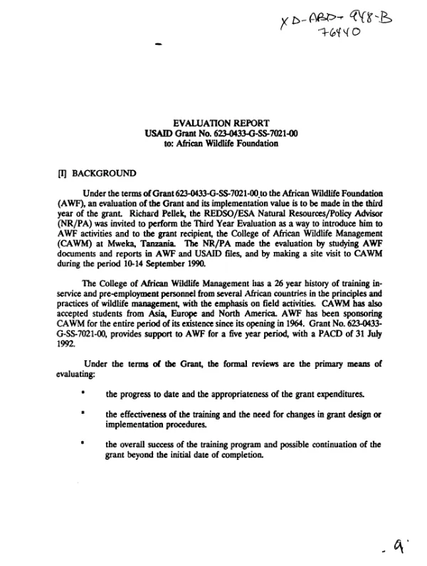 Evaluation report : USAID grant no. 623-0433-G-SS-7021-00 to African Wildlife Foundation
