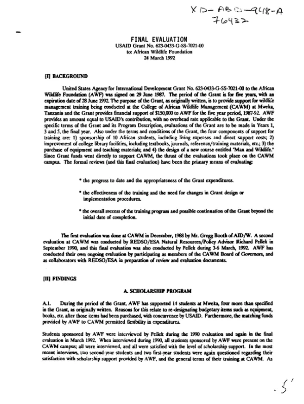 Final evaluation : USAID grant no. 623-0433-G-SS-7021-00 to African Wildlife Foundation