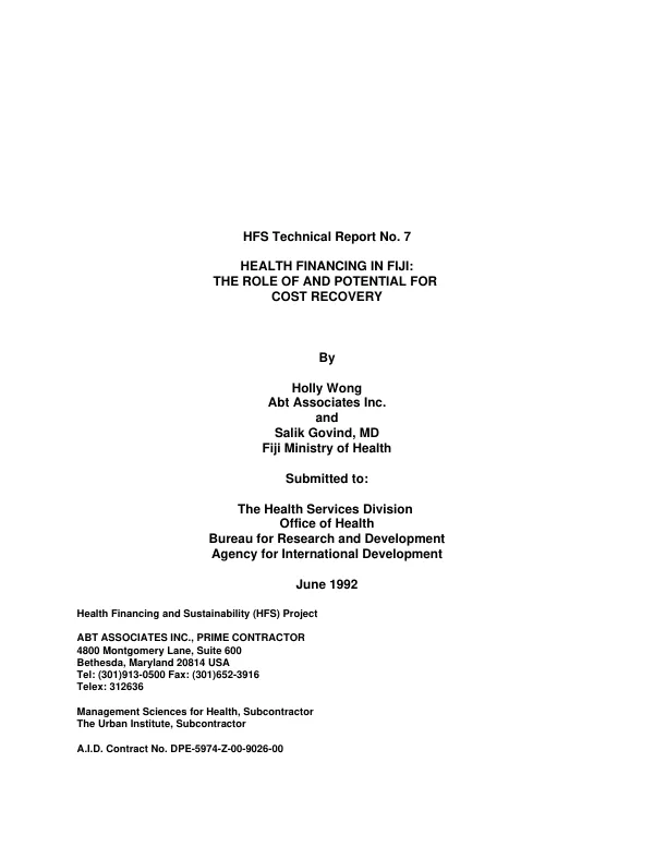 Health financing in Fiji : the role and potential for cost recovery
