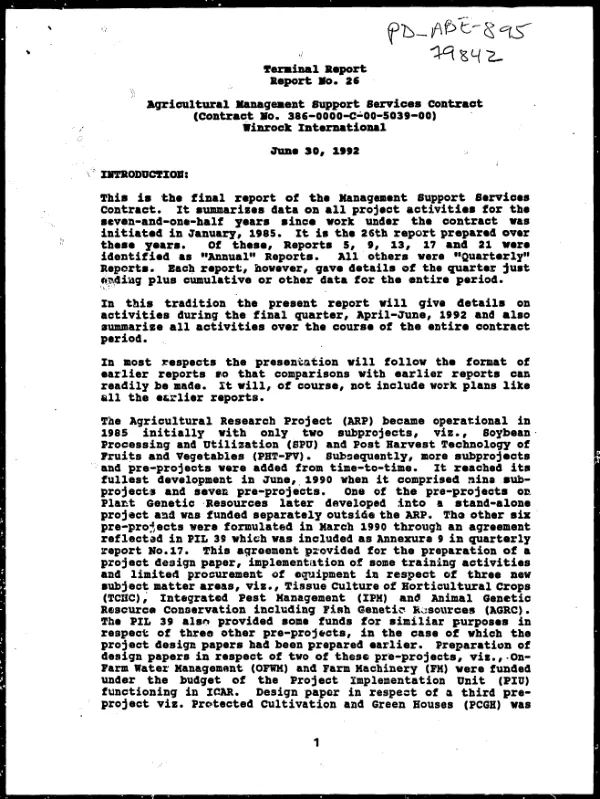 Terminal report no. 26 : agricultural management support services contract (contract no. 386-0000-C-00-5039-00), Winrock International