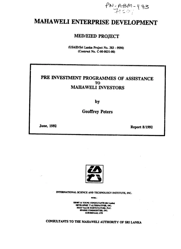 Pre-investment programmes of assistance to Mahaweli investors