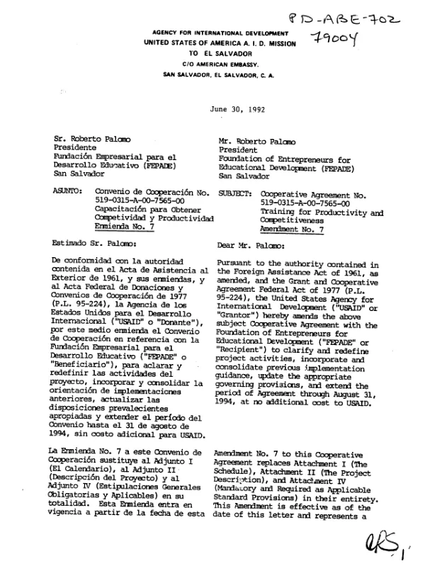 Cooperative agreement no. 519-0315-A-00-7565-00, training for productivity and competitiveness, amendment no. 7 with the Foundation of Entrepreneurs for Educational Development (FEPADE), San Salvador