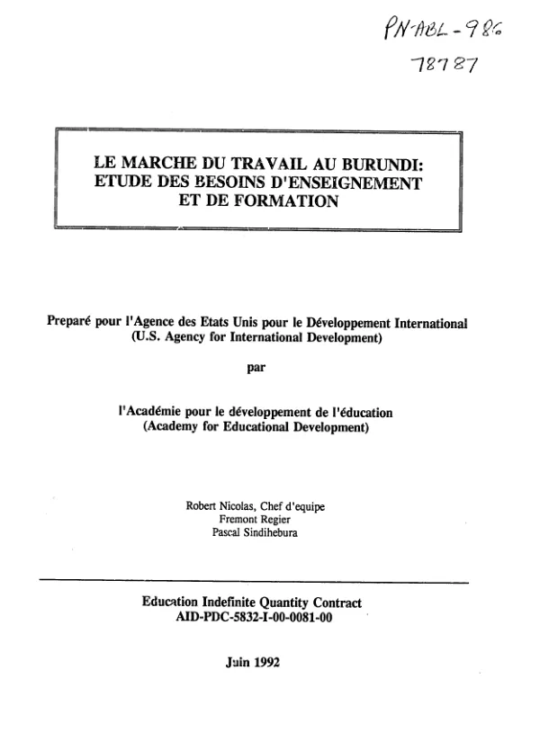 Marche du travail au Burundi : etude des besoins d"enseignement et de formation