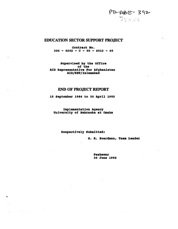 Education sector support project contract no. 306-0202-C-00-6012-00 : end of project report, 15 September 1986 to 30 April 1992