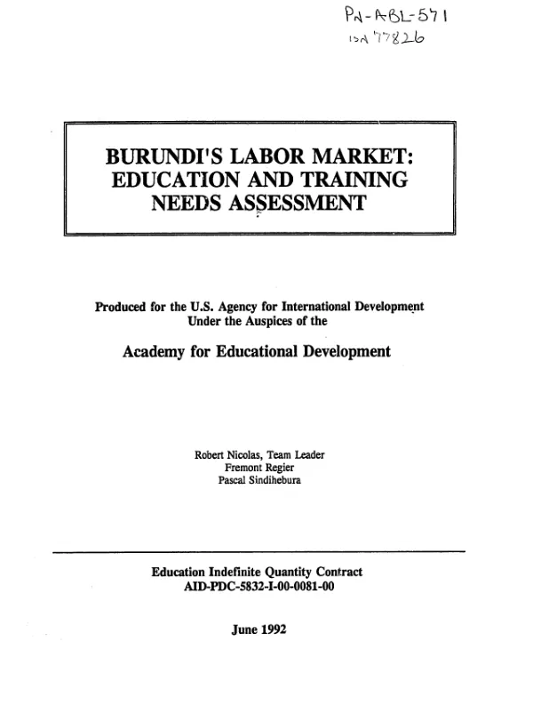 Burundi"s labor market : education and training needs assessment