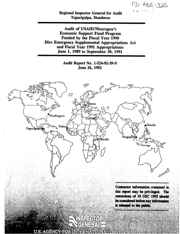 Audit of USAID/Nicaragua"s economic support fund program funded by the fiscal year 1990 Dire Emergency Supplemental Appropriations Act and fiscal year 1991 appropriations -- June 1, 1989 to September 30, 1991
