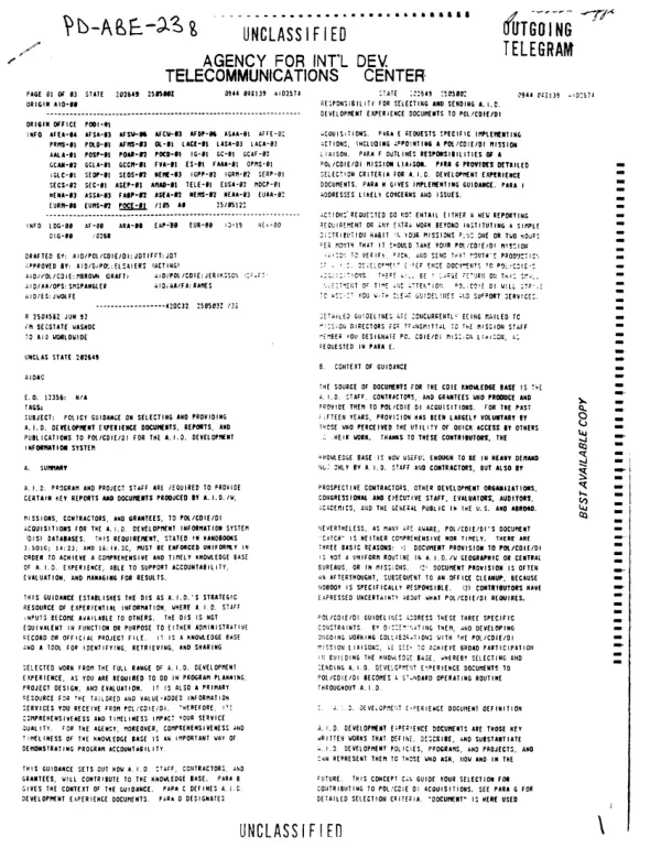 Policy guidance on selecting and providing A.I.D. development experience documents, reports, and publications to POL/CDIE/DI for the A.I.D. Development Information System