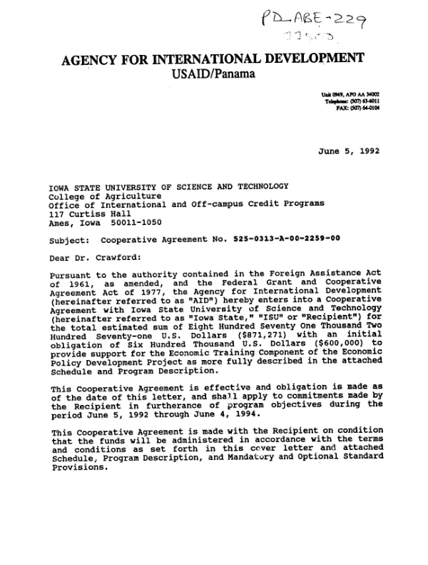 AID cooperative agreement no. 525-0313-A-00-2259-00 with Iowa State University of Science and Technology for the economic training component of the economic policy development project