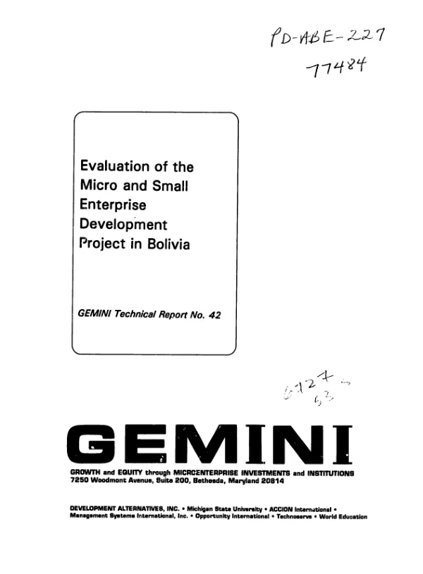Evaluation of the micro and small enterprise development project in Bolivia