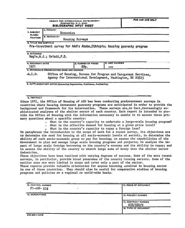 Pre-investment survey for Addis Ababa, Ethiopia; housing guaranty program