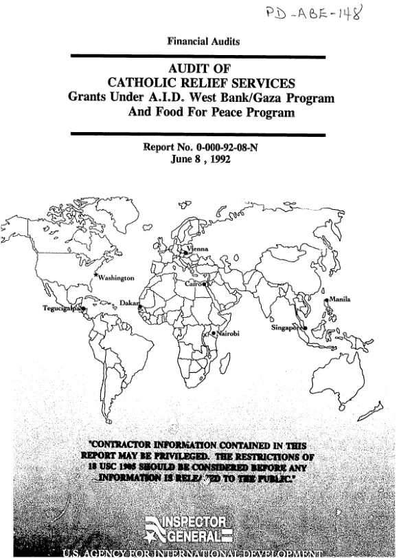 Audit of Catholic Relief Services grants under AID West Bank/Gaza program and Food for Peace program