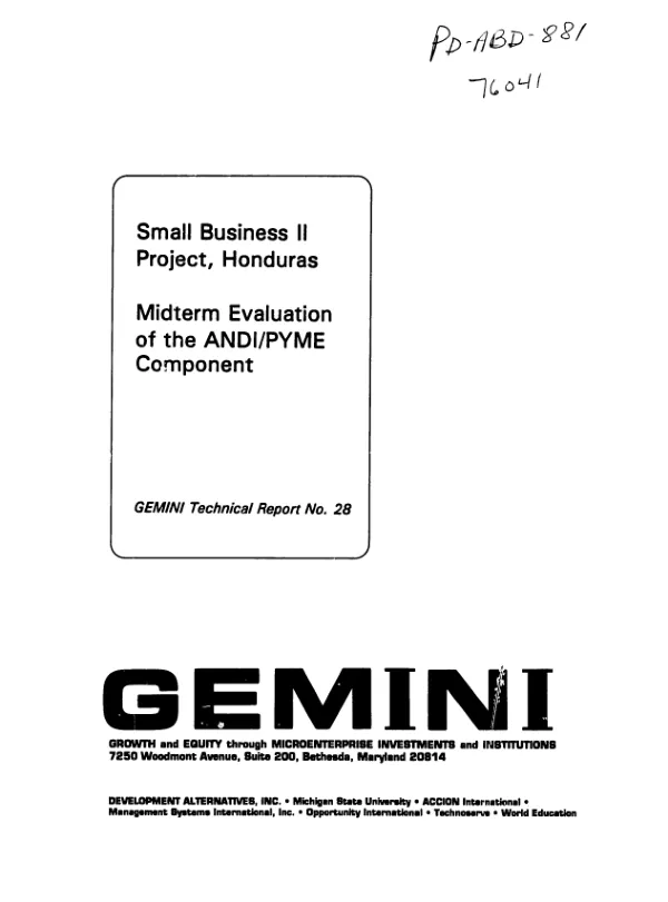 Small business II project, Honduras : midterm evaluation of the ANDI/PYME [Asociacion Nacional de Industriales/Pequena y Micro Empresa] component