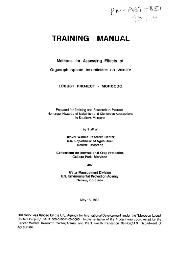 Training manual : methods for assessing effects of organophosphate insecticides on wildlife -- locust project - Morocco