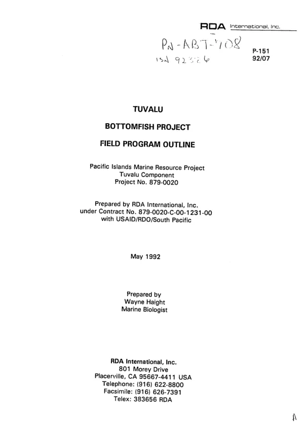 Tuvalu bottomfish project : field program outline