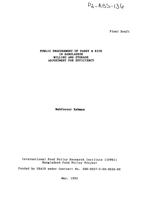 Public procurement of paddy and rice in Bangladesh : milling and storage -- adjustment for efficiency