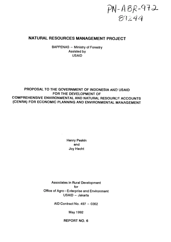 Proposal to the Government of Indonesia and USAID for the development of comprehensive environmental and natural resource accounts (CENRA) for economic planning and environmental management