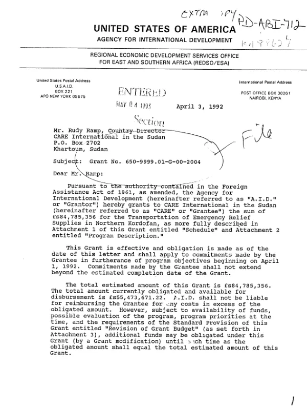 AID grant no. 650-9999.01-G-00-2004[-00] to CARE International in the Sudan for transportation of emergency relief supplies in Northern Kordofan