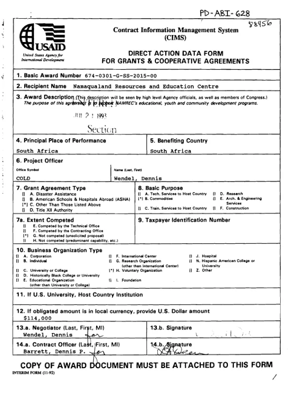 AID agreement no. 674-0301-G-SS-2015-00 with the Namaqualand Resources and Education Centre to support NAMREC"s educational, youth and community development programs in South Africa