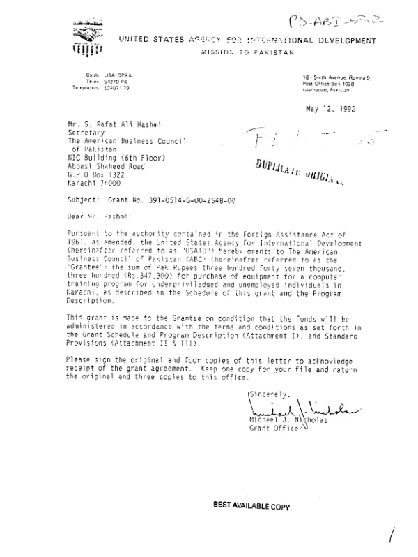 AID grant no. 391-0514-G-00-2548-00 with the American Business Council of Pakistan for purchase of equipment for a computer training program for underprivileged and unemployed individuals in Karachi