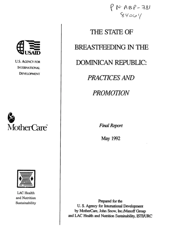 State of breastfeeding in the Dominican Republic : practices and promotion -- final report