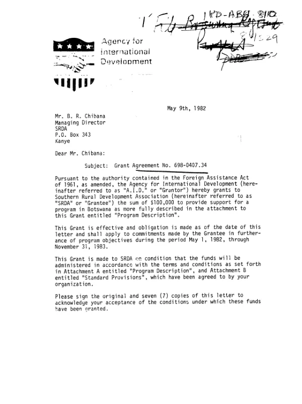 AID grant agreement no. 6980407.34 to Southern Rural Development Association to promote indigenous production of locally available building materials in Botswana