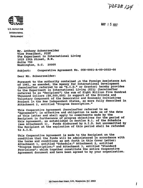 AID cooperative agreement no. CCS-0001-A-00-2022-00 with Experiment in International Living (EIL) to support the private and voluntary component of the democratic and economic initiatives project in the New Independent States