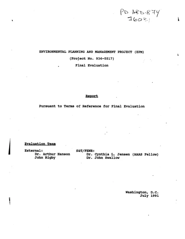 Environmental planning and management project (EPM) (project no. 936-5517) : final evaluation