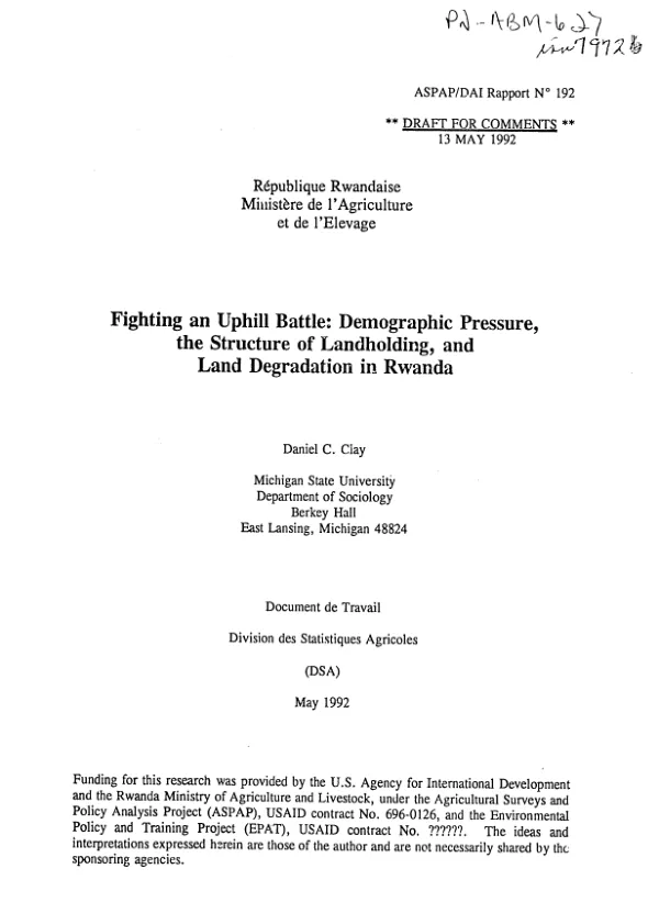 Fighting an uphill battle : demographic pressure, the structure of landholding, and land degradation in Rwanda