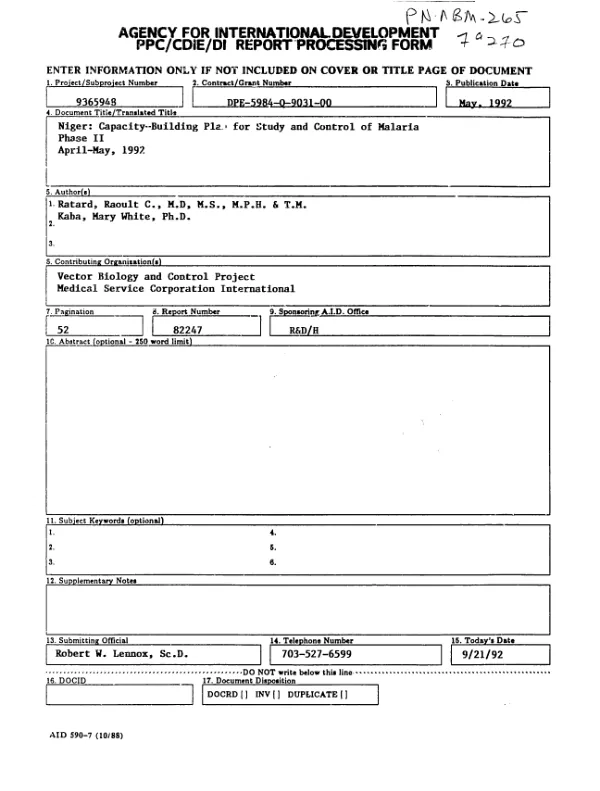 Niger : capacity-building plan for study and control of malaria, phase II, April-May 1992